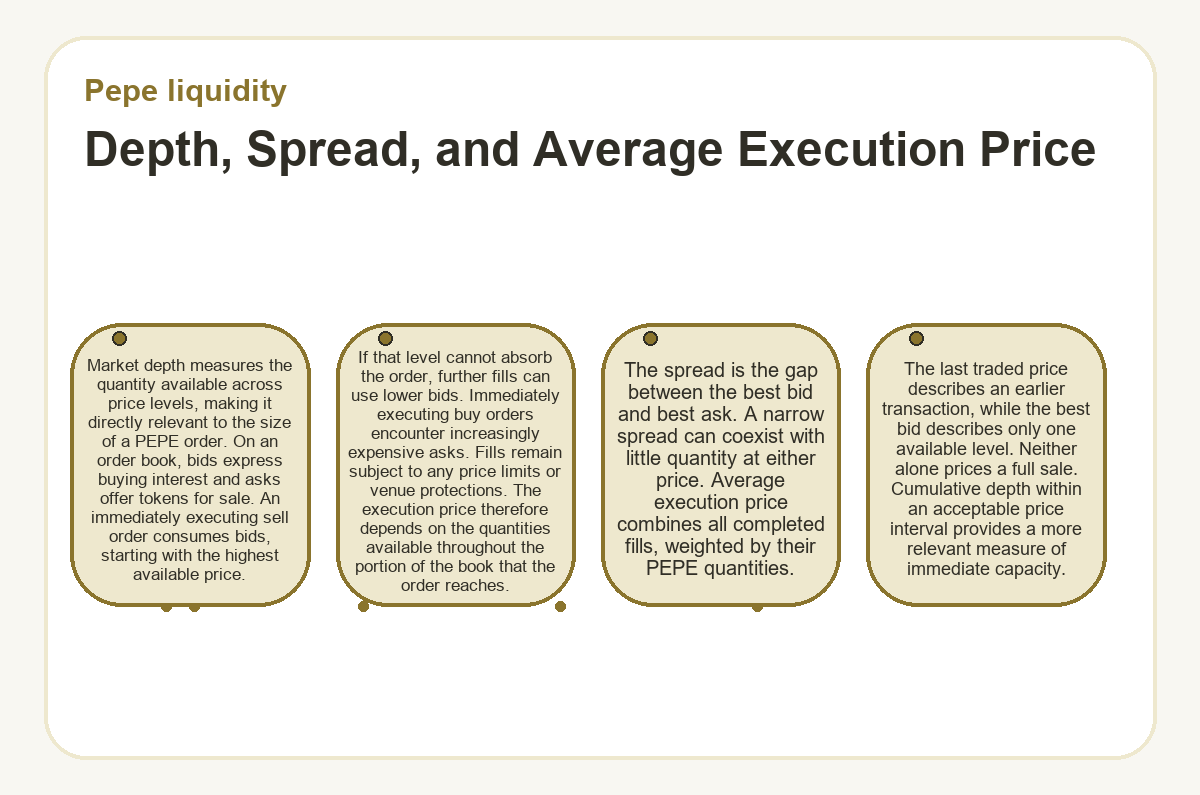 Visual outline: Depth, Spread, and Average Execution Price (Pepe liquidity)